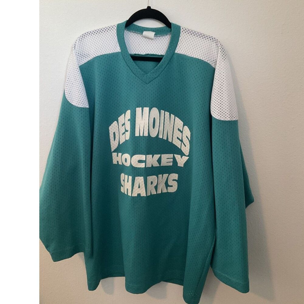 Vintage 90s Opti Des Moines Sharks Hockey Jersey Teal Mesh Made in USA #13 XL